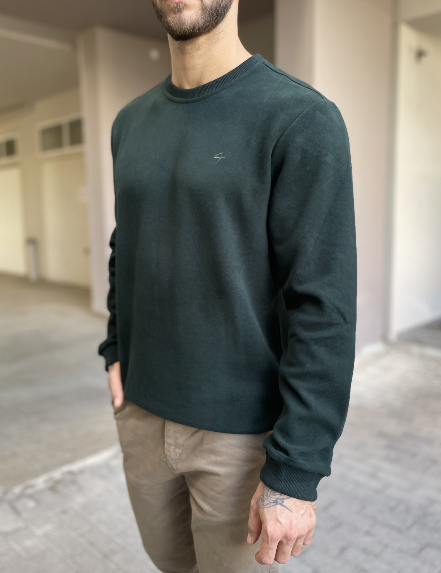 Ανδρική κυπαρισσί πλεκτή βαμβακερή μακρυμάνικη μπλούζα plus size 2308D φωτογραφία